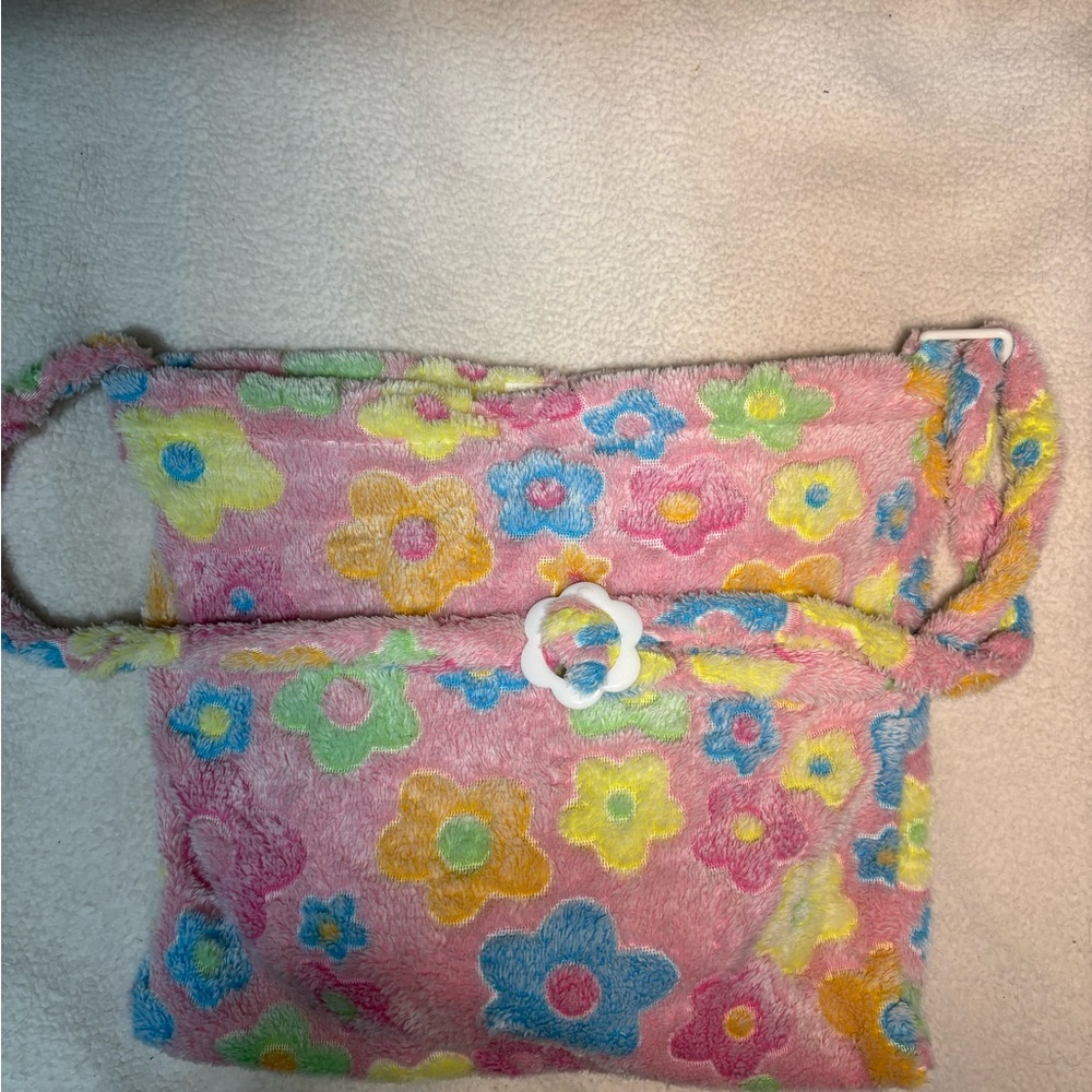 Fuzzy floral shoulder bag